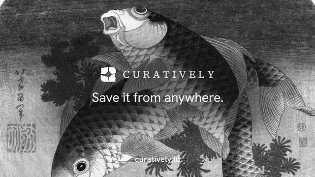 Landscape graphic for Curatively: "Save it from anywhere." Editorial style, end card layout, dark palette in grey, black.