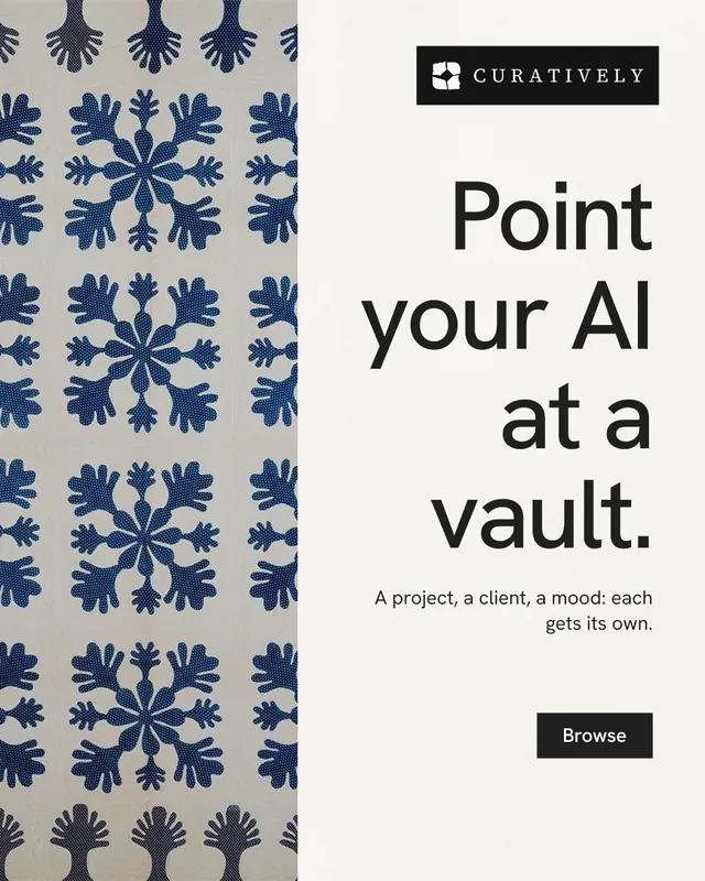 Instagram portrait post for Curatively: "Point your AI at a vault." Swiss style, right layout, light palette in white, grey.
