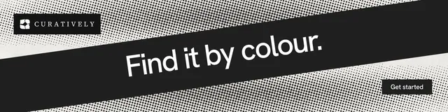 LinkedIn banner for Curatively: "Find it by colour." Swiss style, diagonal layout, dark palette in black, grey.