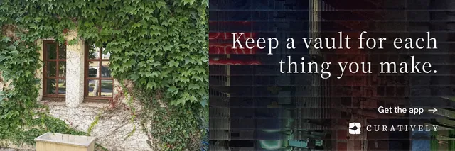 X header for Curatively: "Keep a vault for each thing you make." Minimal luxury style, right layout, dark palette in grey, black.