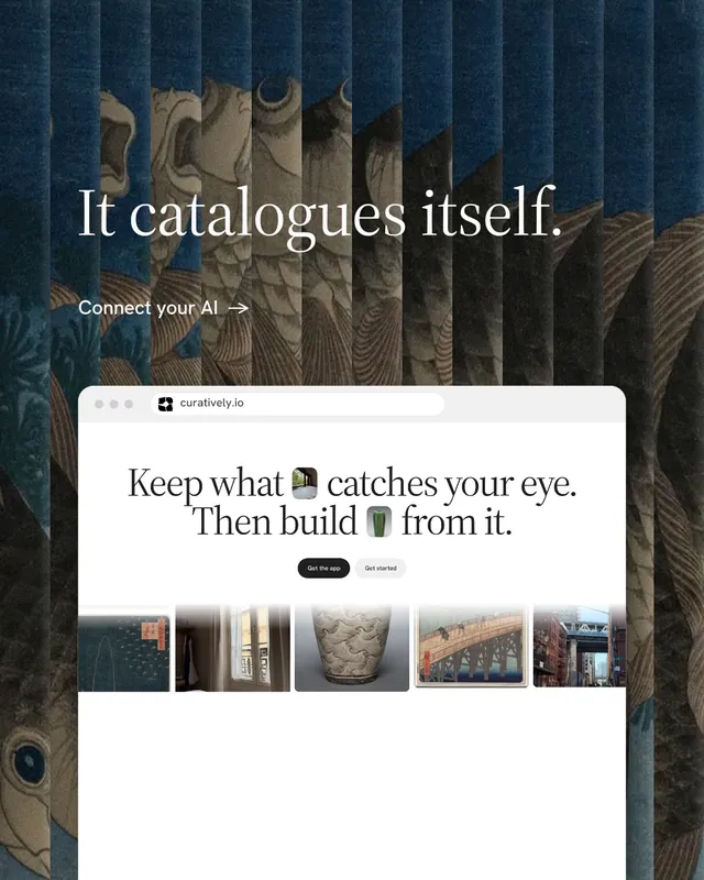 Instagram portrait post for Curatively: "It catalogues itself." Minimal luxury style, browser layout, light palette in blue, black, white.