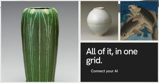 Social ad for Curatively: "All of it, in one grid." Swiss style, collage layout, light palette in grey, black, white.