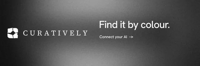 X header for Curatively: "Find it by colour." Minimal luxury style, logo hero layout, dark palette in grey, black.