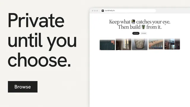 Landscape graphic for Curatively: "Private until you choose." Swiss style, browser layout, light palette in white, grey.