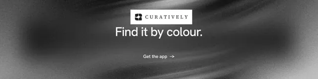 LinkedIn banner for Curatively: "Find it by colour." Minimal luxury style, centred layout, dark palette in grey, black.
