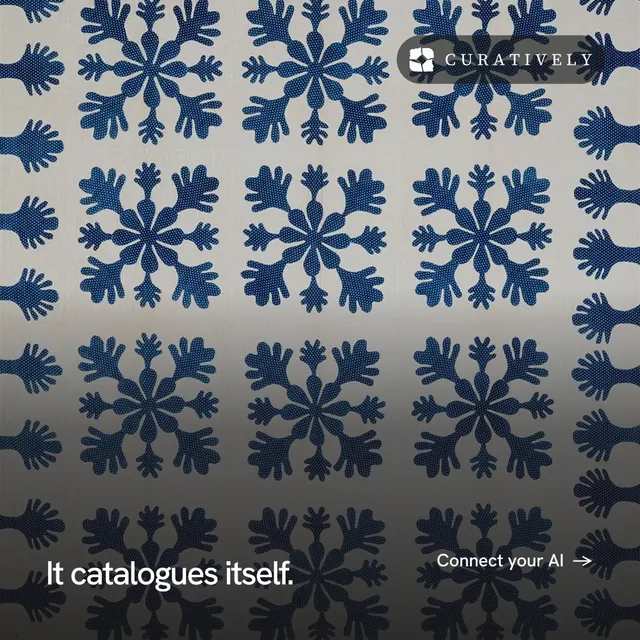 Instagram post for Curatively: "It catalogues itself." Swiss style, image led layout, dark palette in grey, blue.