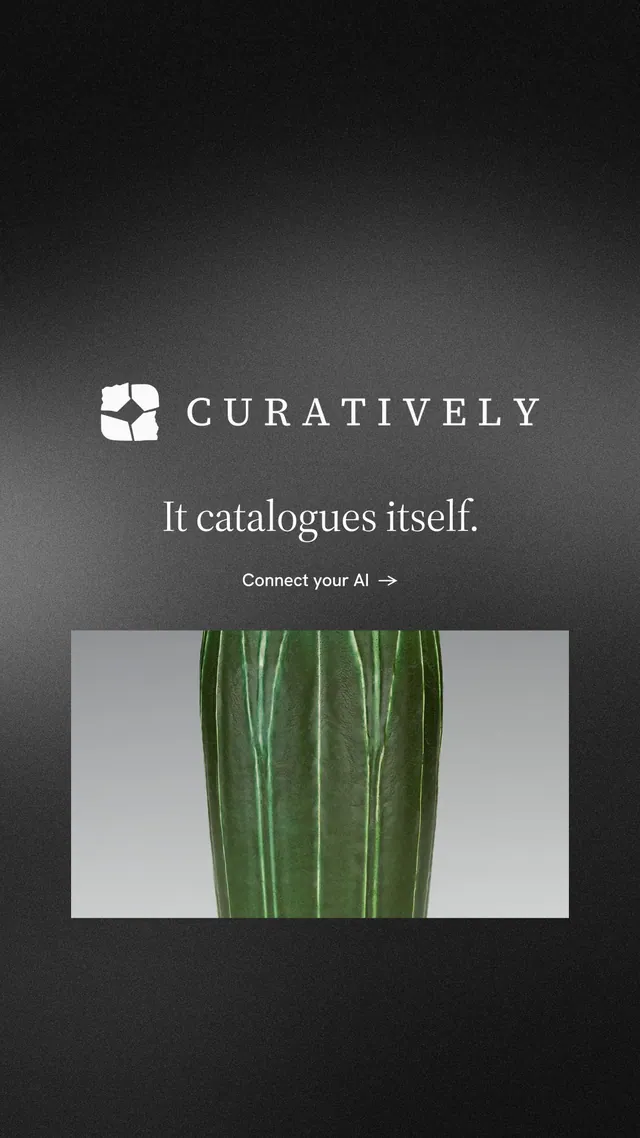 Instagram story for Curatively: "It catalogues itself." Minimal luxury style, logo hero layout, dark palette in black, grey.