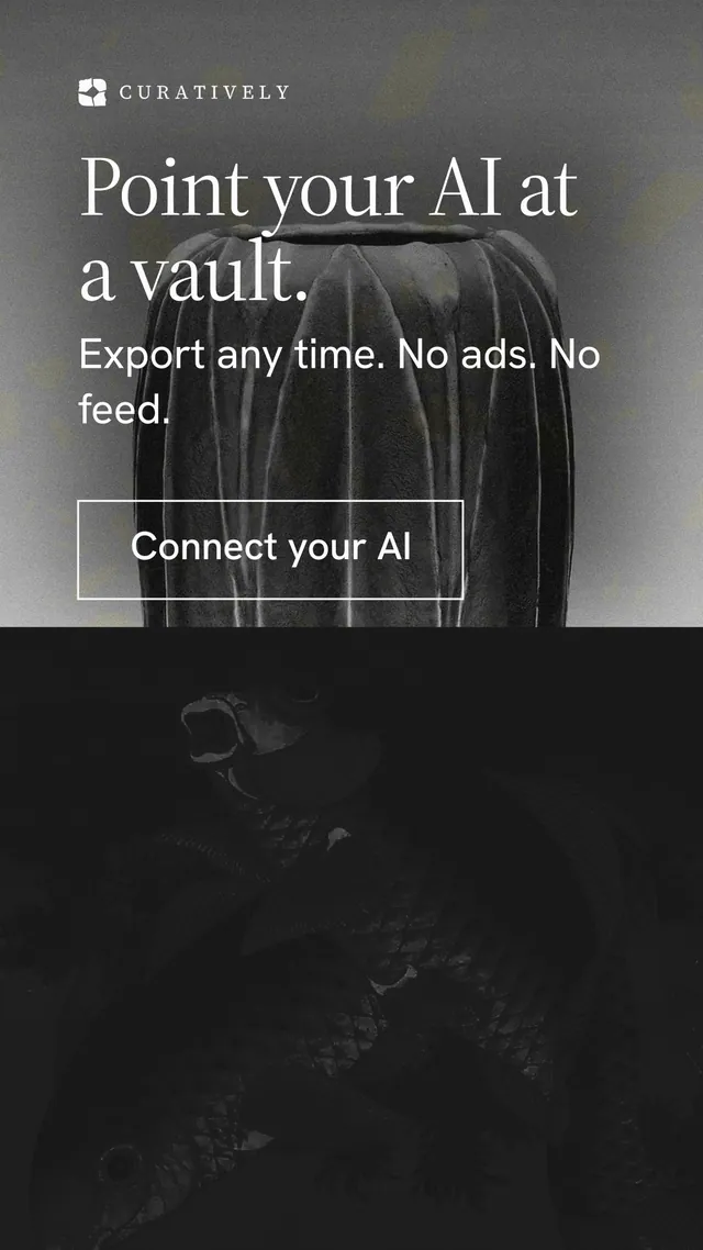 Instagram story for Curatively: "Point your AI at a vault." Editorial style, skeleton layout, dark palette in black, grey.