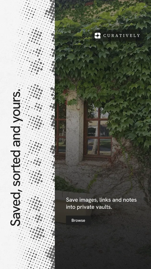 Instagram story for Curatively: "Saved, sorted and yours." Swiss style, vertical layout, light palette in white, black, green.