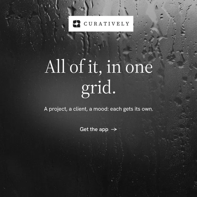 Instagram post for Curatively: "All of it, in one grid." Minimal luxury style, centred layout, dark palette in black, grey.