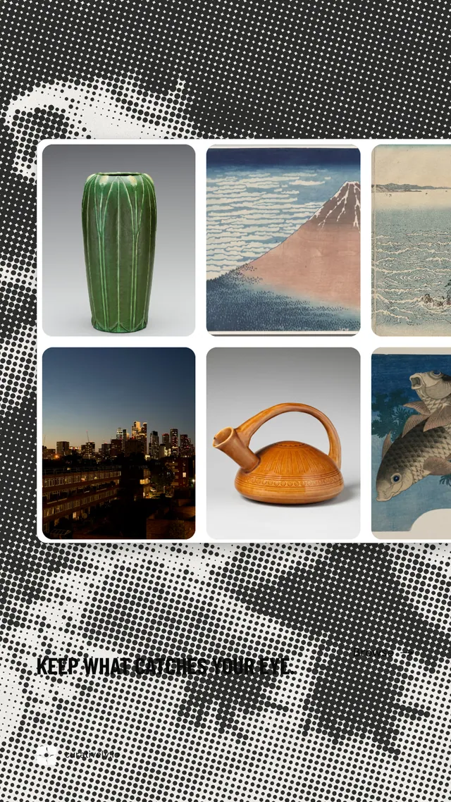 Instagram story for Curatively: "Keep what catches your eye." Retro print style, image led layout, light palette in black, grey, white.