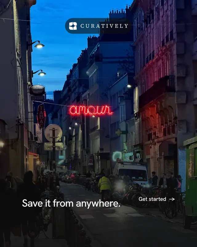Instagram portrait post for Curatively: "Save it from anywhere." Minimal luxury style, image led layout, dark palette in black, grey, blue.