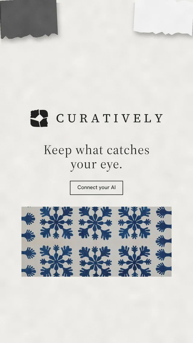 Instagram story for Curatively: "Keep what catches your eye." Editorial style, logo hero layout, light palette in white, grey.