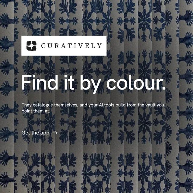 Instagram post for Curatively: "Find it by colour." Minimal luxury style, announce layout, dark palette in grey, blue, black.