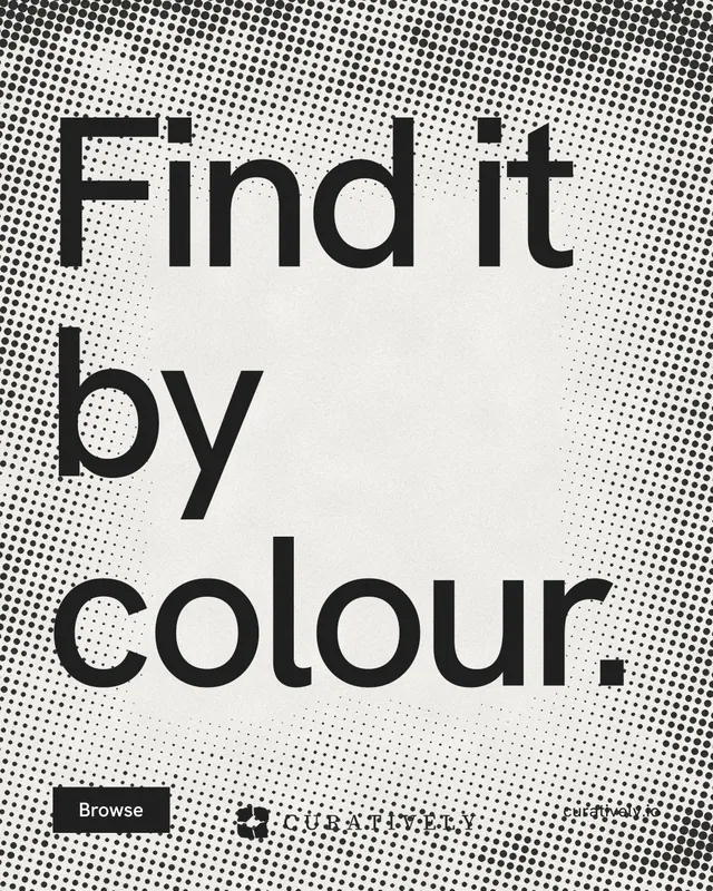 Instagram portrait post for Curatively: "Find it by colour." Swiss style, poster layout, light palette in grey, white.