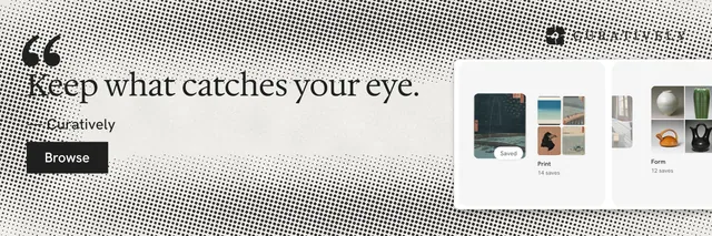 X header for Curatively: "Find it by colour." Swiss style, quote layout, light palette in grey, white.