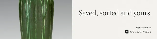 LinkedIn banner for Curatively: "Saved, sorted and yours." Minimal luxury style, right layout, light palette in white, grey.