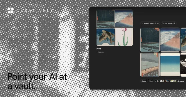 Social ad for Curatively: "Point your AI at a vault." Swiss style, image led layout, light palette in grey, black, white.