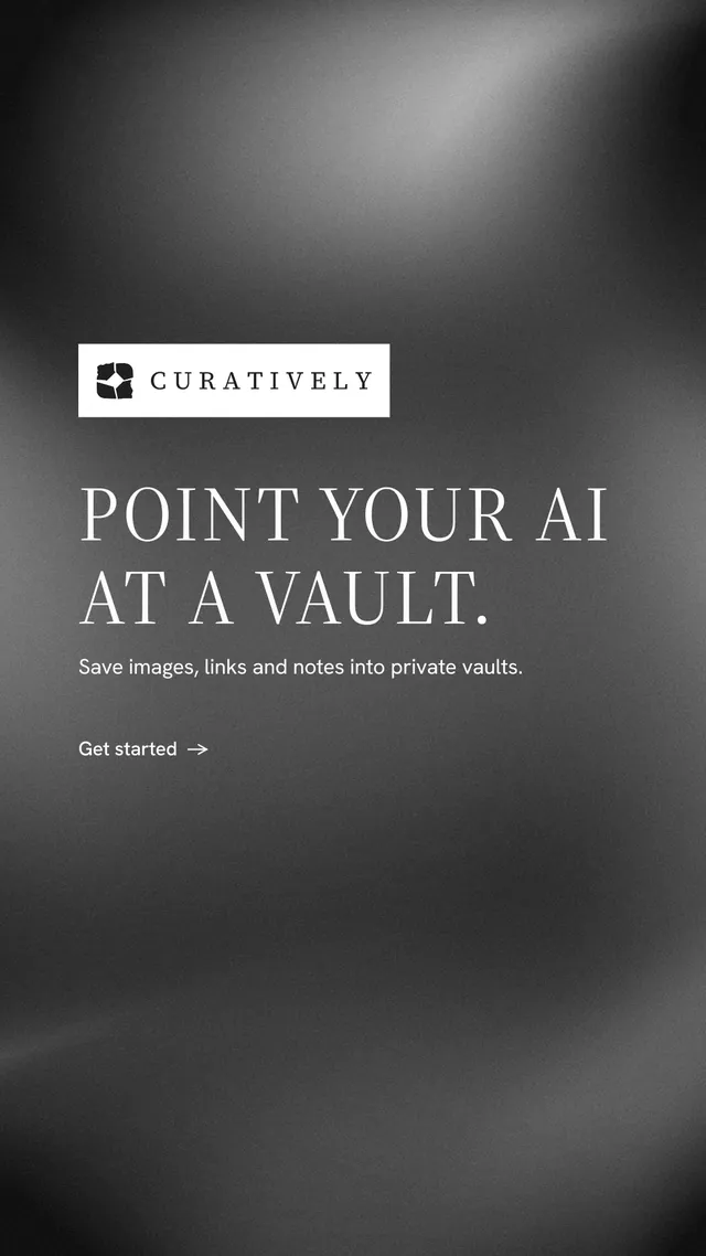 Instagram story for Curatively: "Point your AI at a vault." Minimal luxury style, announce layout, dark palette in grey, black.