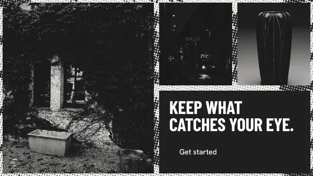 Landscape graphic for Curatively: "Keep what catches your eye." Retro print style, collage layout, dark palette in black, grey.