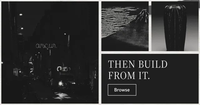 Social ad for Curatively: "Then build from it." Editorial style, collage layout, dark palette in black, grey.