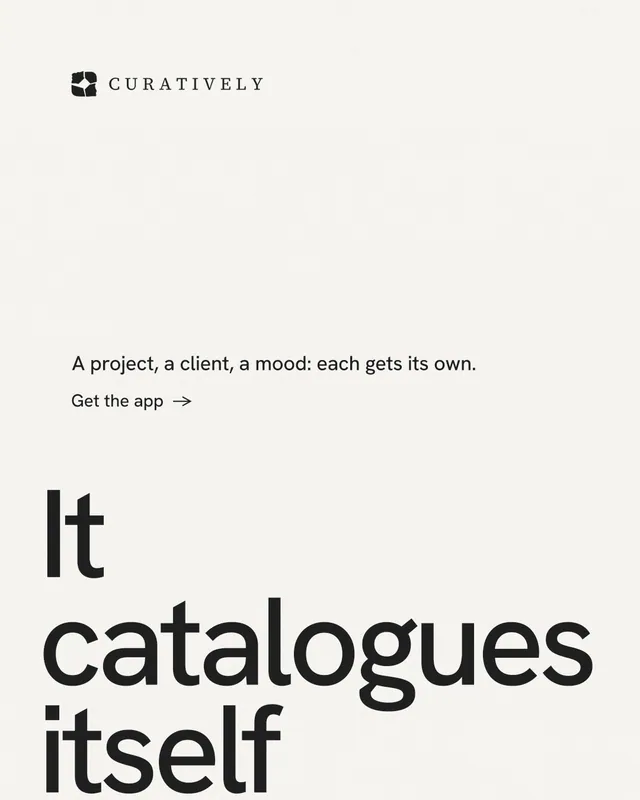 Instagram portrait post for Curatively: "Then build from it." Minimal luxury style, oversized layout, light palette in white, grey.