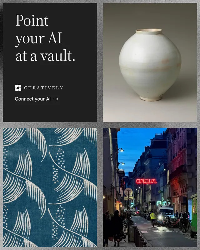 Instagram portrait post for Curatively: "Point your AI at a vault." Minimal luxury style, collage layout, dark palette in grey, black, blue.