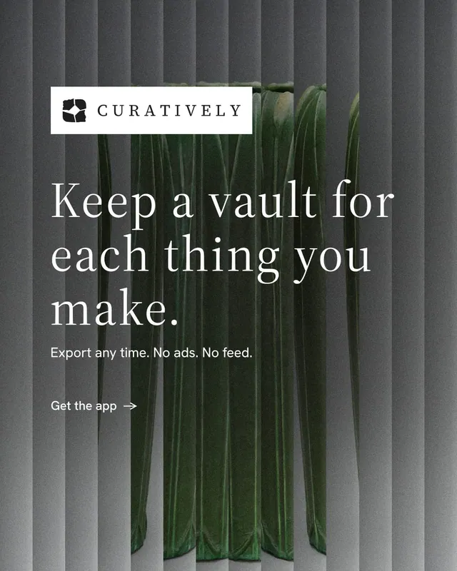 Instagram portrait post for Curatively: "Keep a vault for each thing you make." Minimal luxury style, announce layout, dark palette in grey, black.