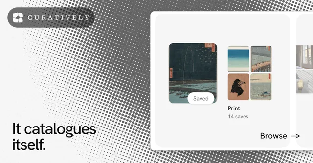 Social ad for Curatively: "It catalogues itself." Swiss style, image led layout, light palette in white, grey.