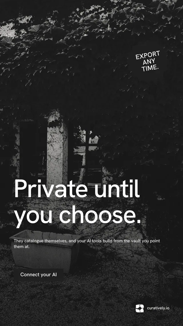 Instagram story for Curatively: "Private until you choose." Swiss style, sticker layout, dark palette in black, grey.