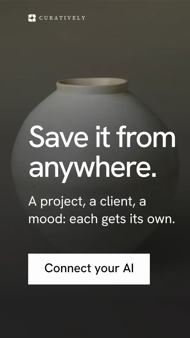 Instagram story for Curatively: "Save it from anywhere." Swiss style, skeleton layout, dark palette in grey, black.