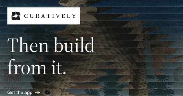 Social ad for Curatively: "Then build from it." Minimal luxury style, announce layout, dark palette in black, grey.