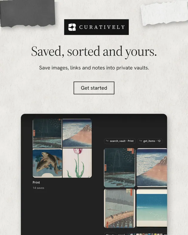 Instagram portrait post for Curatively: "Saved, sorted and yours." Editorial style, centred layout, light palette in white, black, grey.