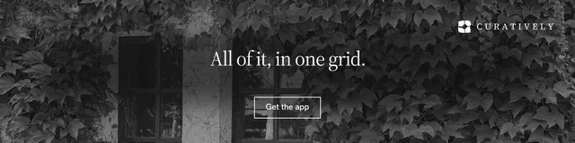 LinkedIn banner for Curatively: "All of it, in one grid." Editorial style, centred layout, dark palette in black, grey.