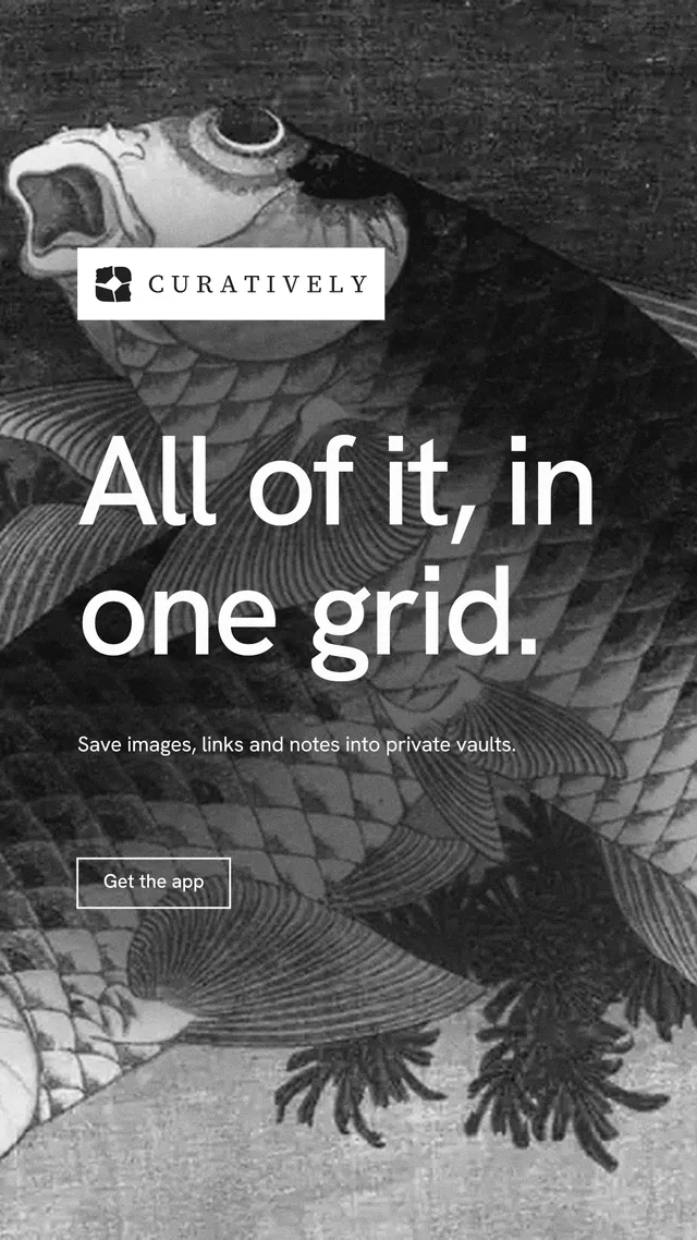 Instagram story for Curatively: "All of it, in one grid." Editorial style, announce layout, dark palette in black, grey.