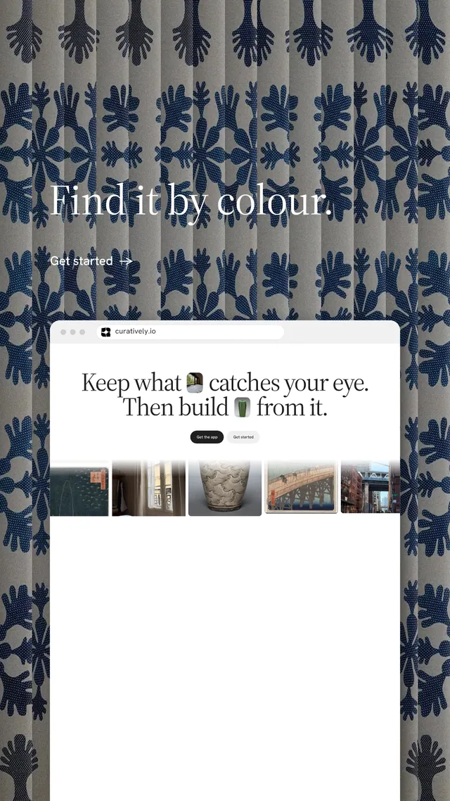 Instagram story for Curatively: "Find it by colour." Minimal luxury style, browser layout, light palette in grey, white, blue.