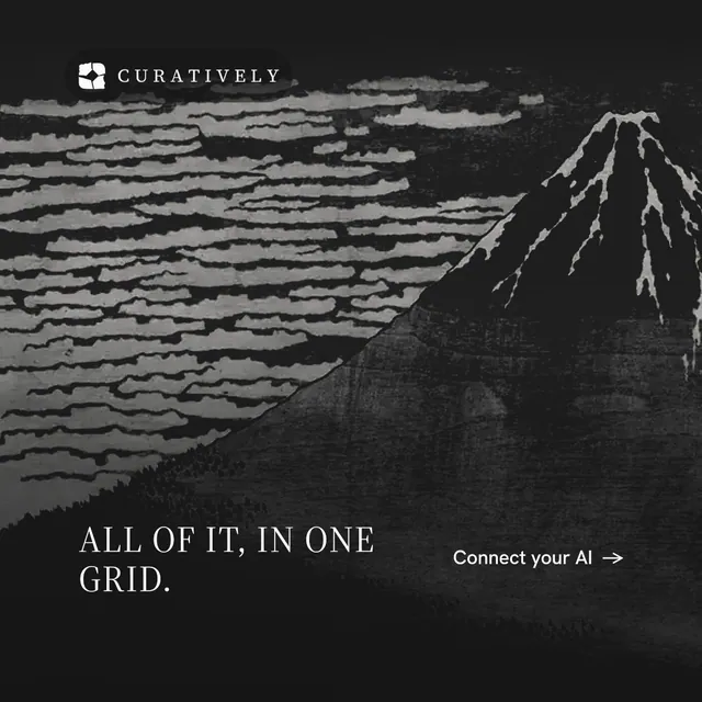 Instagram post for Curatively: "All of it, in one grid." Editorial style, image led layout, dark palette in black, grey.