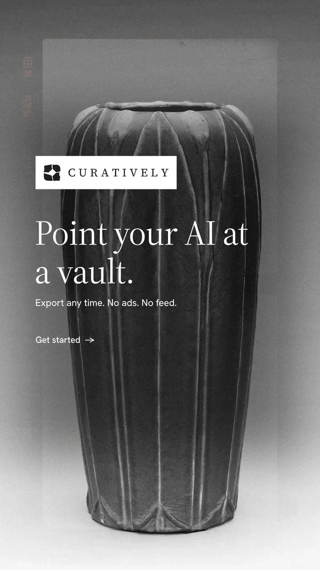 Instagram story for Curatively: "Point your AI at a vault." Minimal luxury style, announce layout, light palette in grey, black, white.