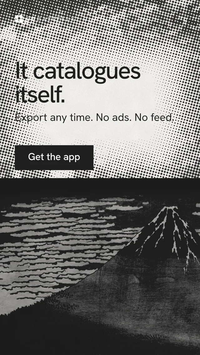 Instagram story for Curatively: "It catalogues itself." Swiss style, skeleton layout, light palette in black, grey, white.