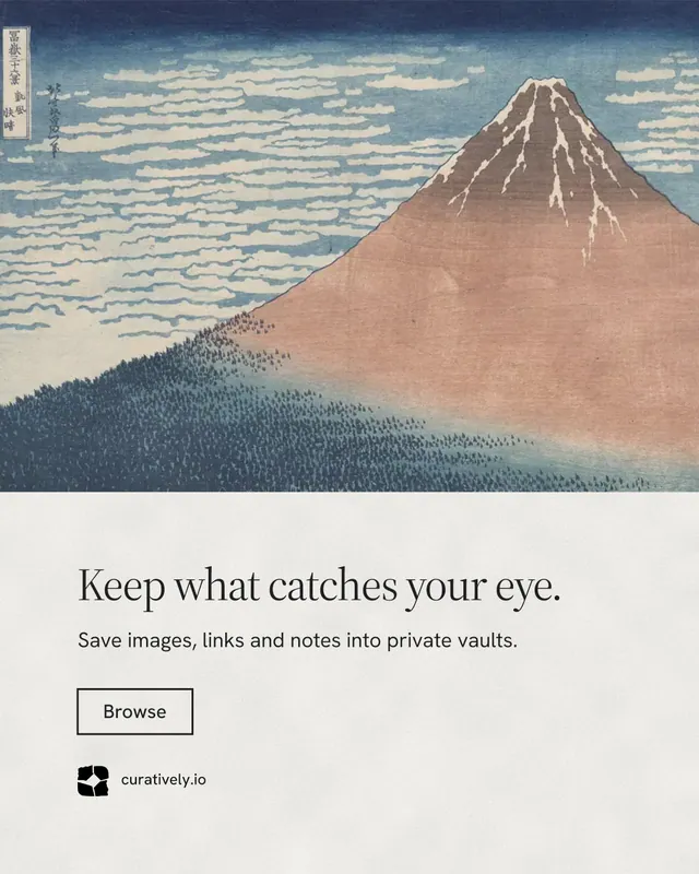 Instagram portrait post for Curatively: "Keep what catches your eye." Editorial style, bottom layout, light palette in grey, white.