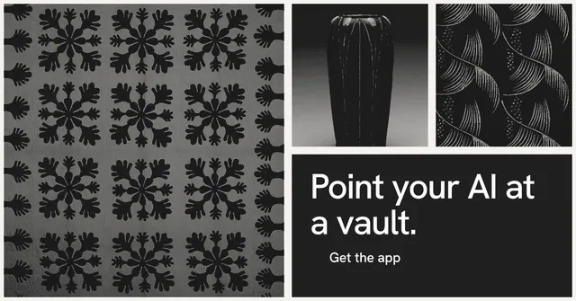 Social ad for Curatively: "Point your AI at a vault." Swiss style, collage layout, dark palette in grey, black.
