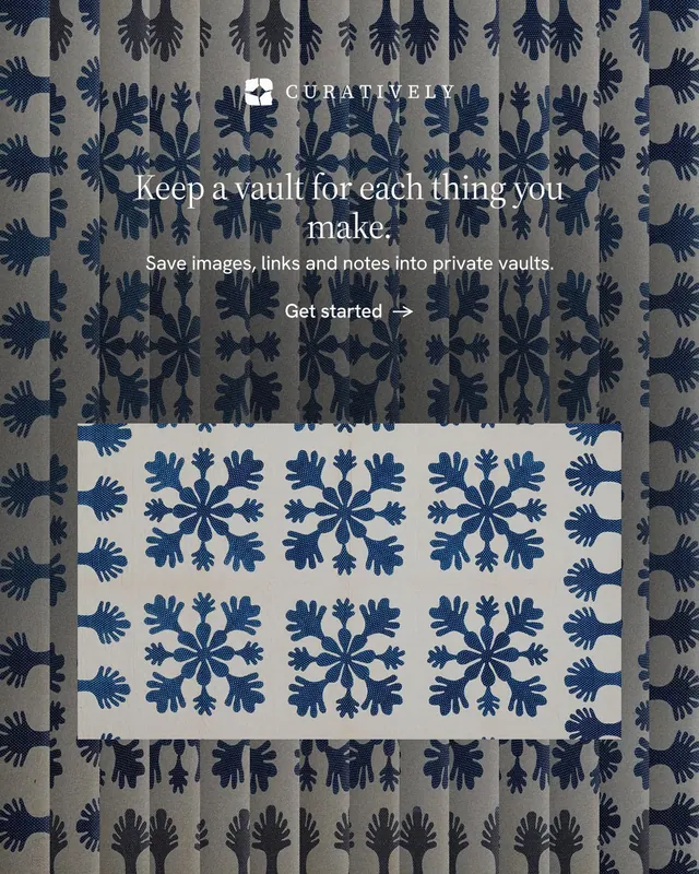 Instagram portrait post for Curatively: "Keep a vault for each thing you make." Minimal luxury style, centred layout, dark palette in grey, blue.