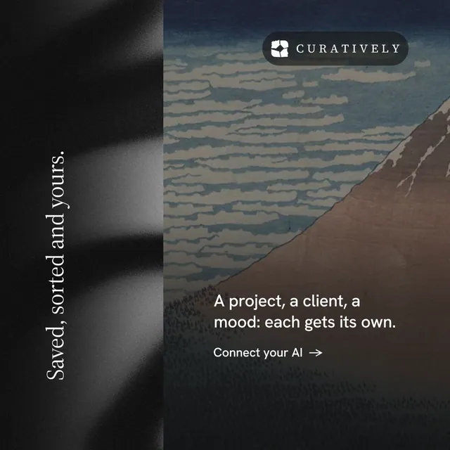 Instagram post for Curatively: "Saved, sorted and yours." Minimal luxury style, vertical layout, dark palette in black, grey.