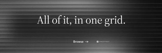 X header for Curatively: "All of it, in one grid." Minimal luxury style, centred layout, dark palette in black, grey.