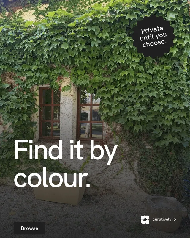 Instagram portrait post for Curatively: "Find it by colour." Swiss style, sticker layout, dark palette in black, grey.
