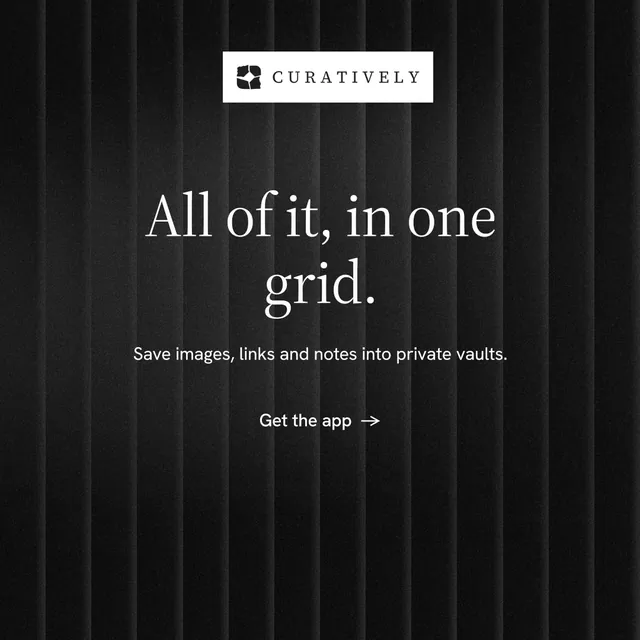 Instagram post for Curatively: "All of it, in one grid." Minimal luxury style, centred layout, dark palette in black, grey.
