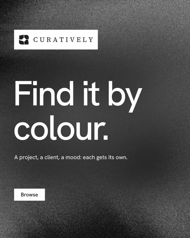Instagram portrait post for Curatively: "Find it by colour." Swiss style, announce layout, dark palette in grey, black.