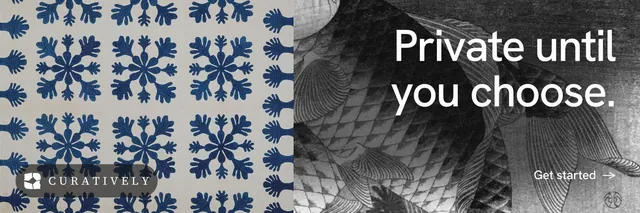 X header for Curatively: "Private until you choose." Minimal luxury style, right layout, dark palette in grey, black.