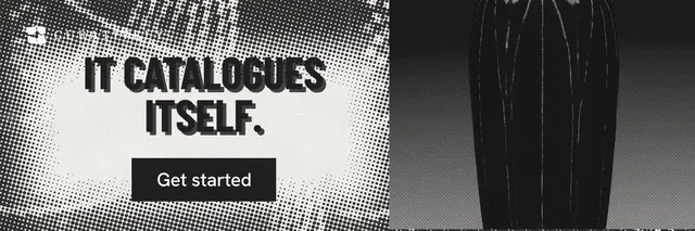 X header for Curatively: "It catalogues itself." Retro print style, skeleton layout, dark palette in black, grey, white.