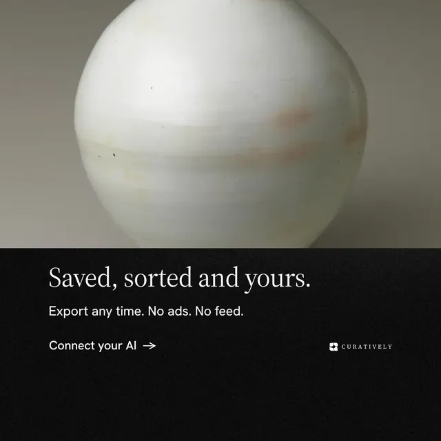 Instagram post for Curatively: "Saved, sorted and yours." Minimal luxury style, bottom layout, dark palette in grey, black.